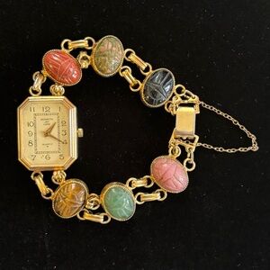 Vintage Kenneth Jay Lane Gold-Tone Multicolor Scarab Bracelet Watch